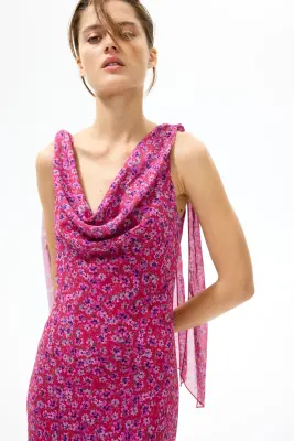 Robe à encolure bénitier avec bretelles à nouer - Rose foncé/fleuri — photo 1