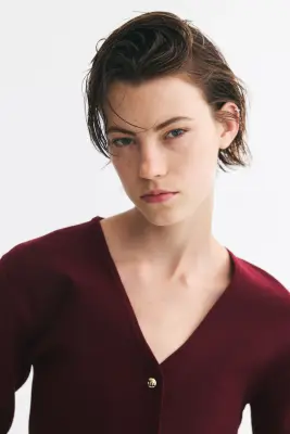 Fine-knit peplum cardigan - Bordeaux — photo 2