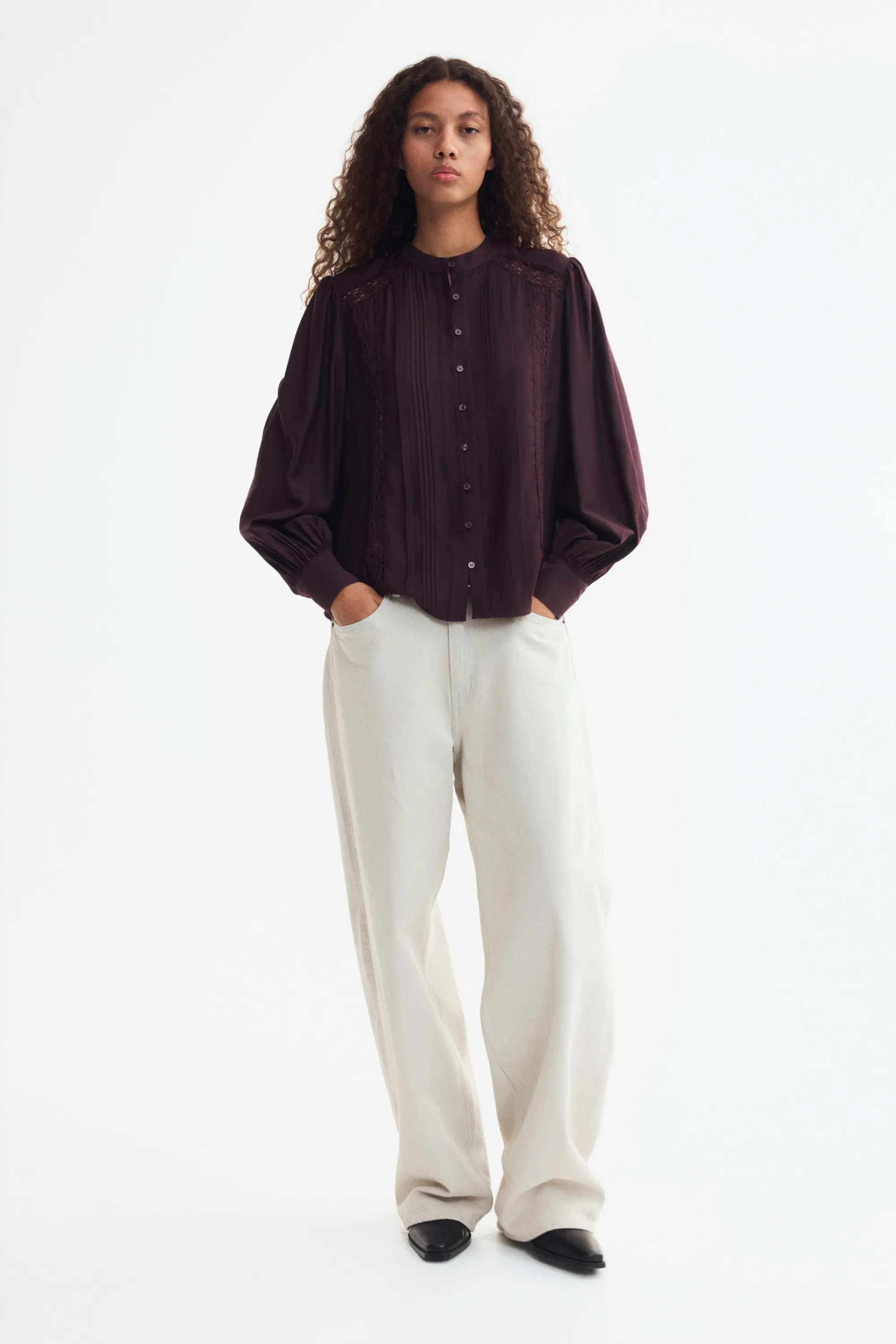 Blouse à manches bouffantes avec dentelle - Violet foncé