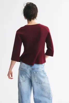 Fine-knit peplum cardigan - Bordeaux — photo 3