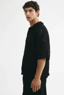 Relaxed Fit Crochet-look polo shirt - Noir — photo 4