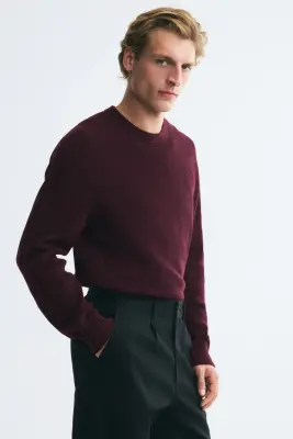Pull Regular Fit en maille de coton côtelée - Rouge foncé — photo 3