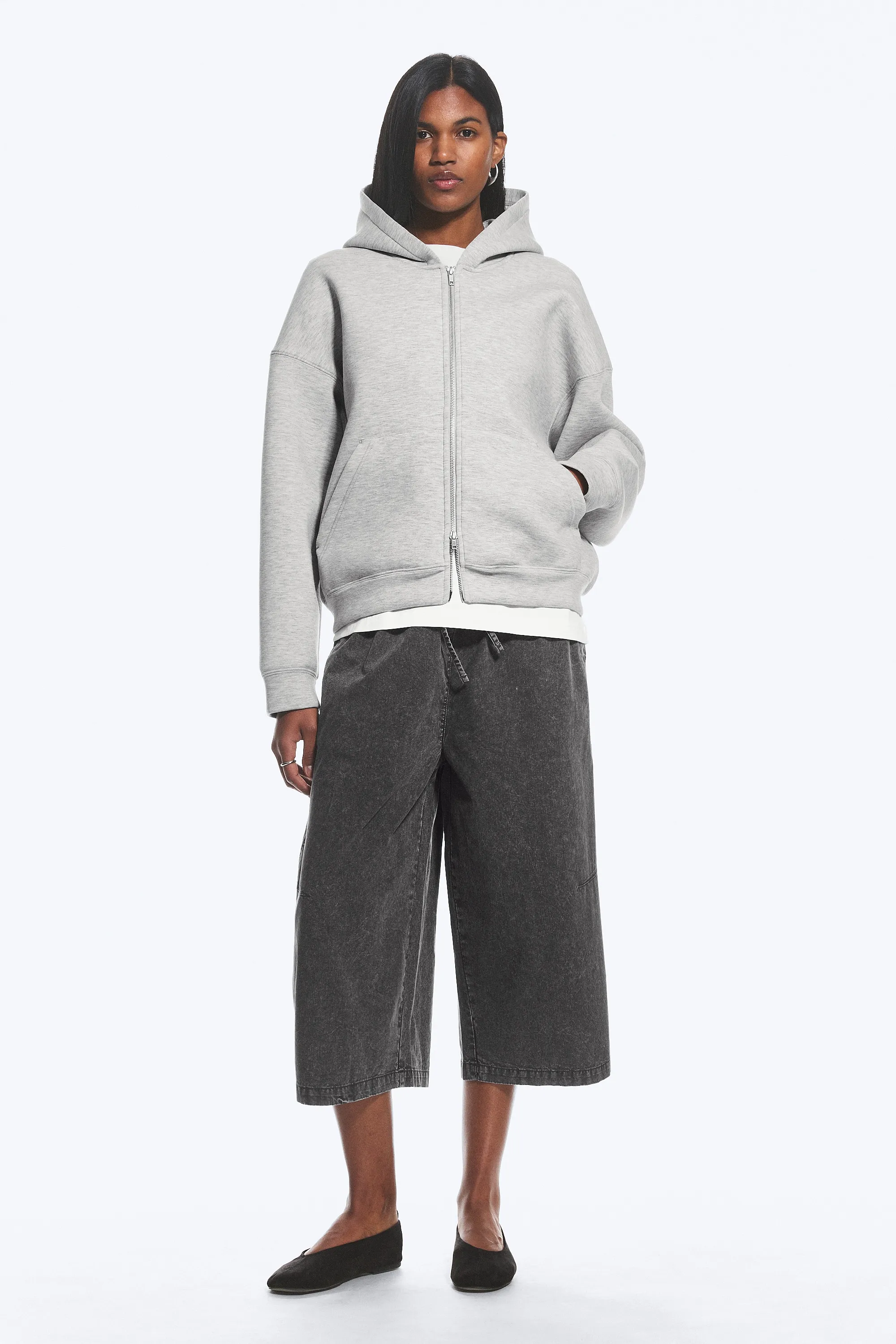 Sweat à capuche zippé oversize en scuba - Gris chiné