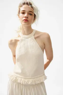 Top en maille avec franges - Crème — photo 1