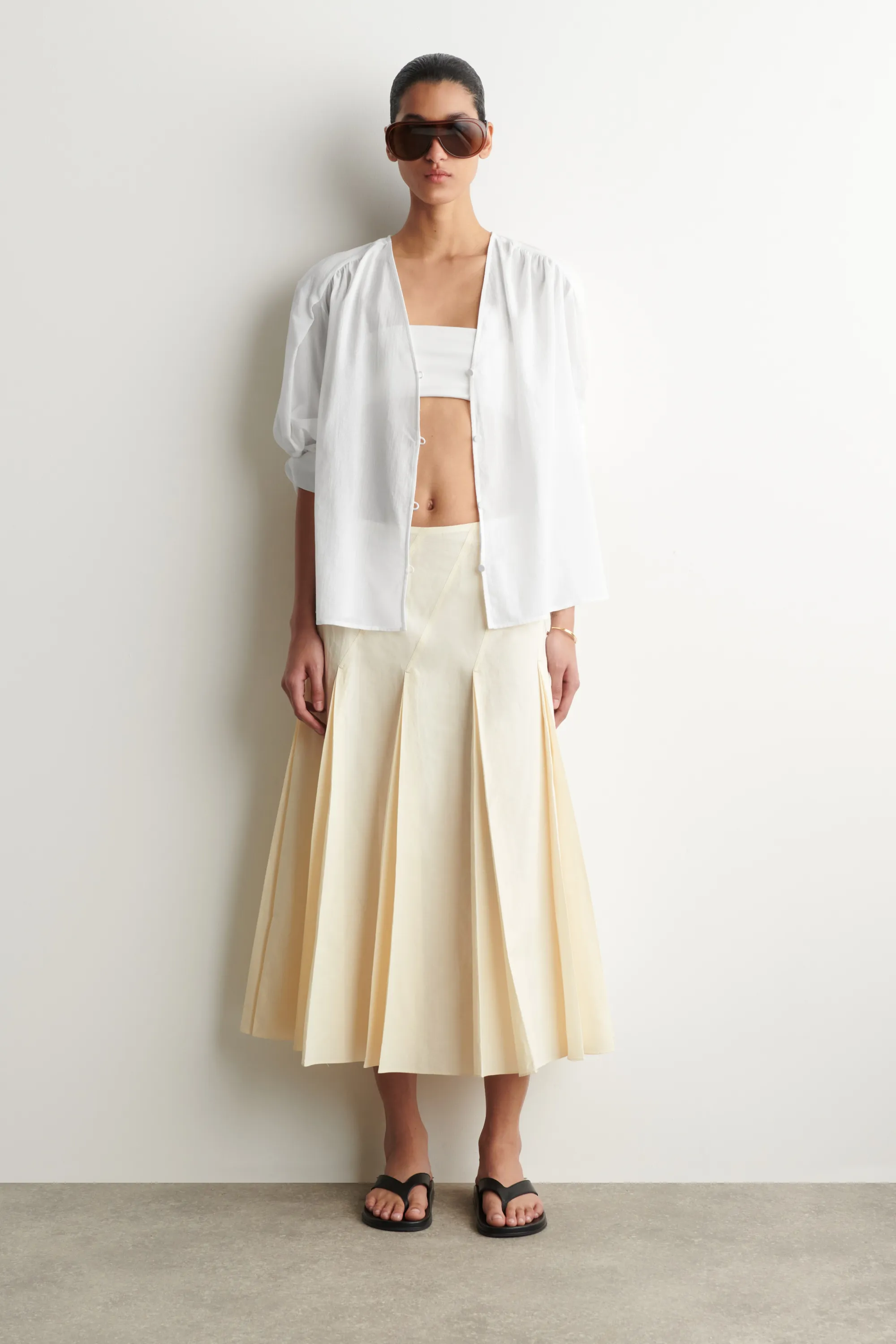 CHEMISE COL EN V FRONCÉE EN COTON LÉGER - BLANC