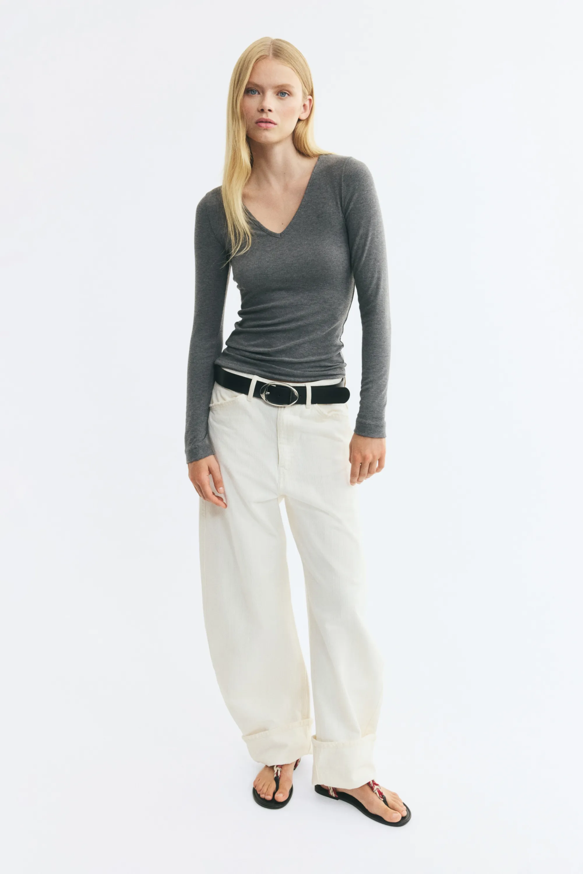 Top à encolure en V en viscose mélangée - Gris foncé chiné
