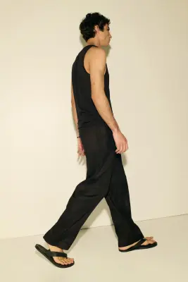 Pantalon Easy-care Loose Fit en lin mélangé - Noir — photo 4
