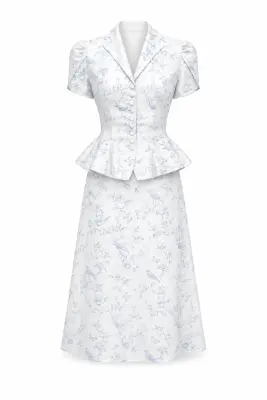 Andi Peplum Blouse - Blue Toile de Jouy Birds — photo 2