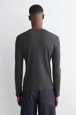 T-SHIRT SLIM À MANCHES LONGUES EN COTON CÔTELÉ - GRIS FONCÉ CHINÉ — photo 3