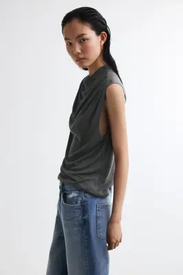 Top à effet drapé en maille - Gris foncé chiné — photo 4