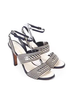Sandales à talon en cuir bleu marine à rayures blanc crème Croisière 2020/2021 Prix boutique 950€ Taille 38 — photo 3