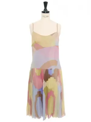 Robe à fines bretelles soie plissée imprimé violet anis et rose  Prix boutique 3000€ Taille XS — photo 1