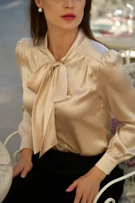 Lena Silk Bow Blouse - Beige — photo 3