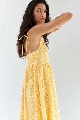Robe en broderie anglaise avec bretelles à nouer - Jaune — photo 2