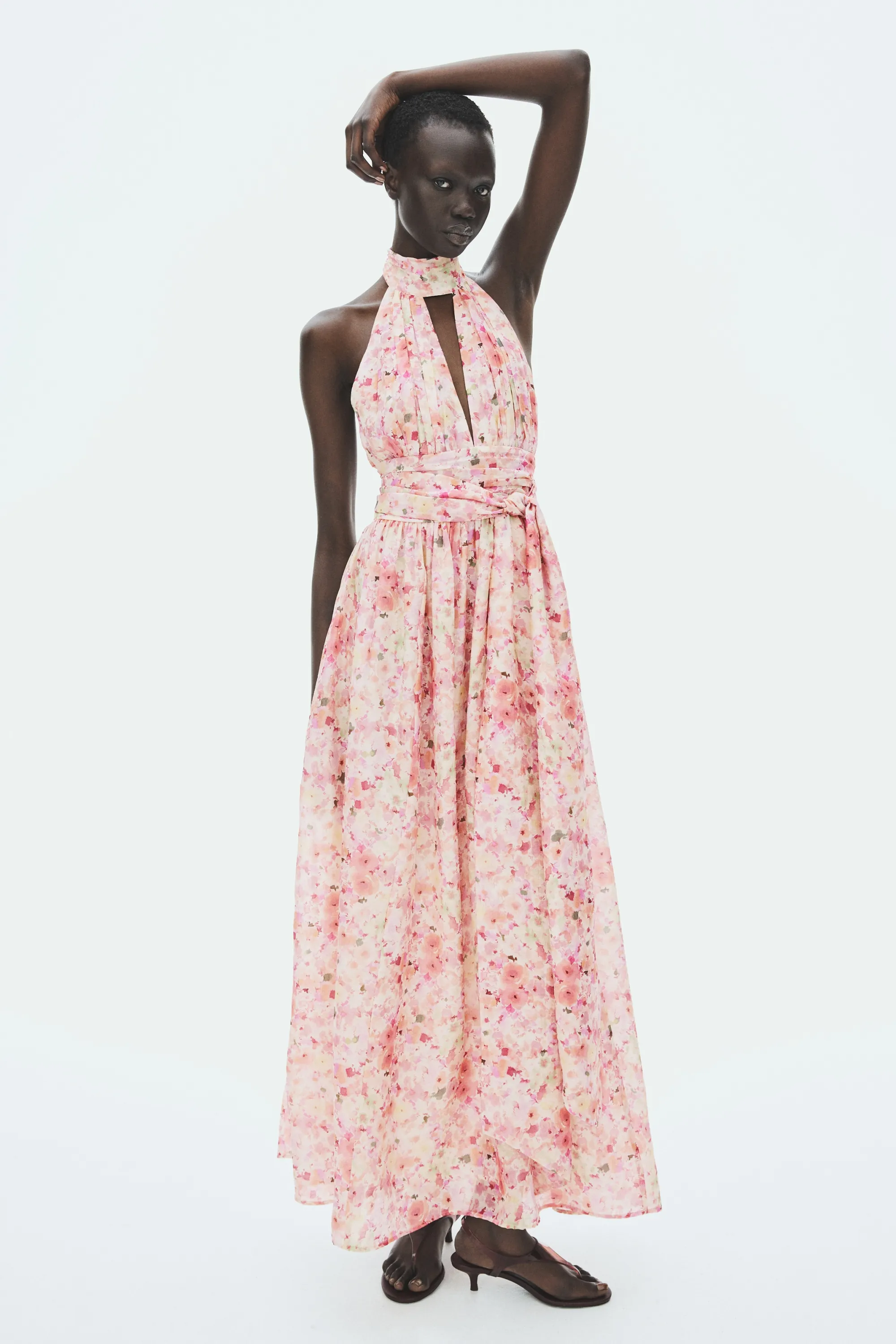 Robe dos nu avec liens à nouer - Rose pêche/fleuri