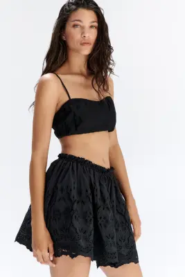 Jupe à cordon avec broderie anglaise - Noir — photo 1