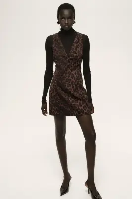 Robe cintrée à encolure en V - Marron/imprimé léopard — photo 2