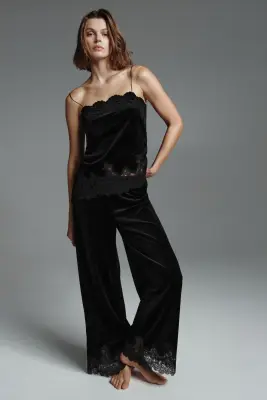 Pantalon de pyjama en velours maille avec dentelle - Noir — photo 1