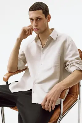 Chemise Relaxed Fit en lin mélangé - Beige clair — photo 3