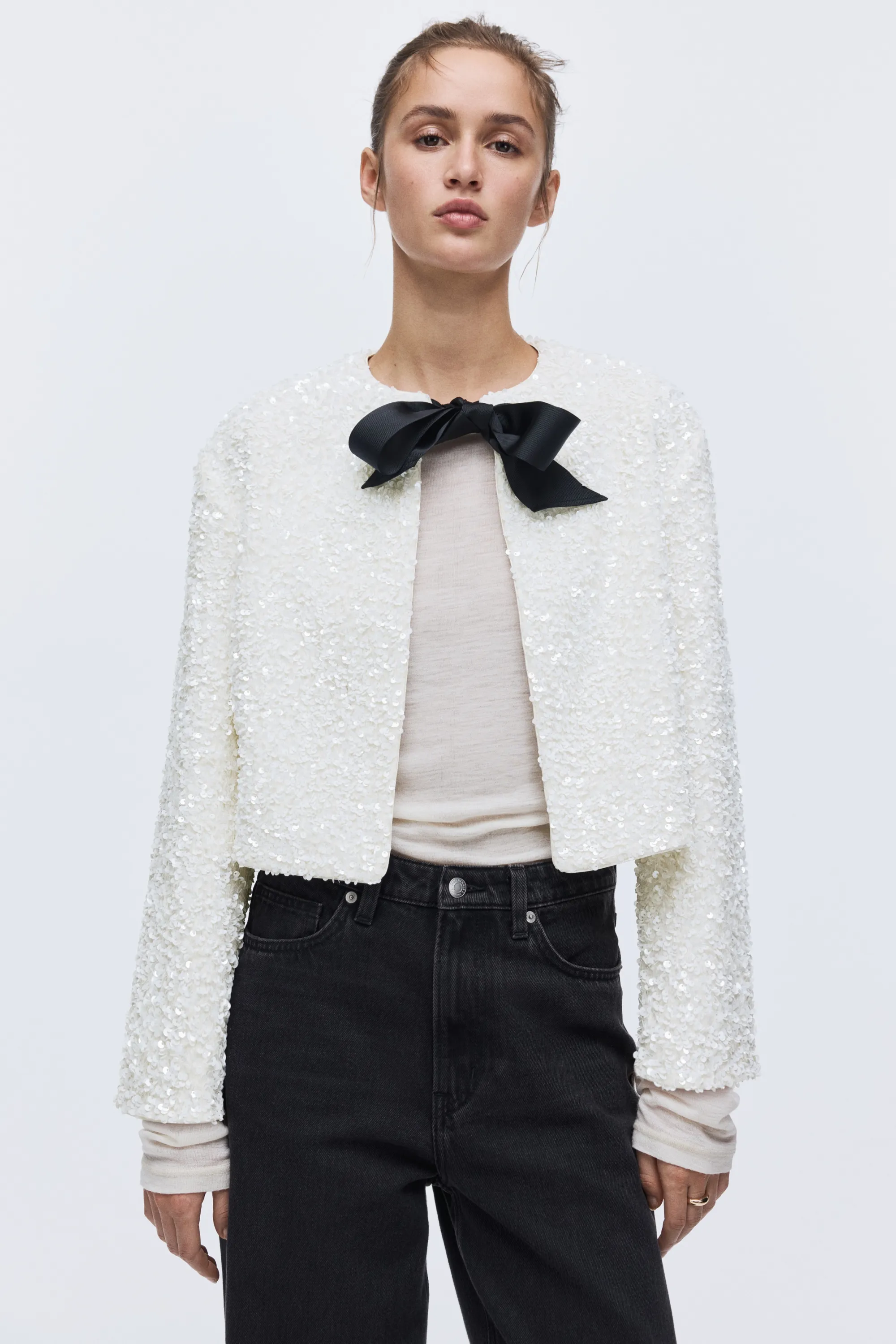 Veste à sequins avec détail à nouer - Crème