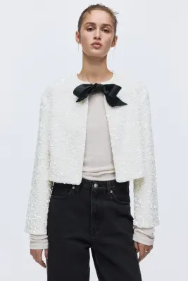 Veste à sequins avec détail à nouer - Crème — photo 1