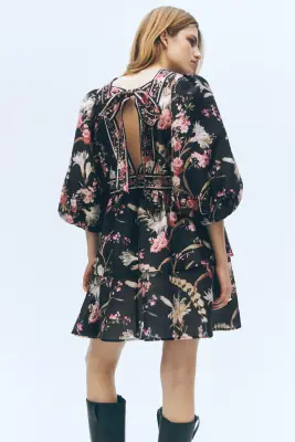 Robe en lin mélangé - Noir/fleuri — photo 4