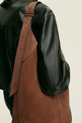 Sac porté épaule en cuir velours - Marron — photo 1