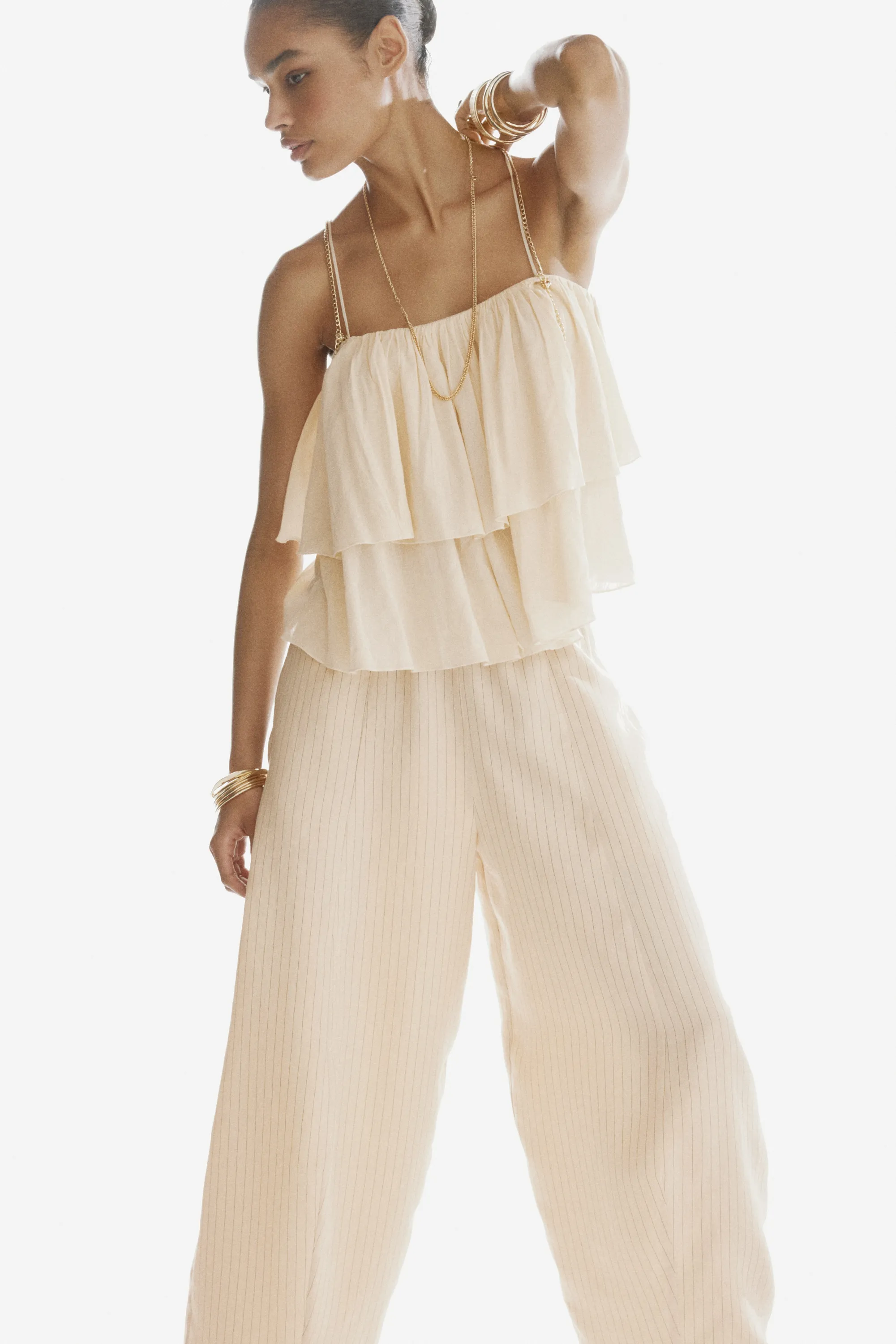 Pantalon barrel en modal mélangé - Beige clair/rayé