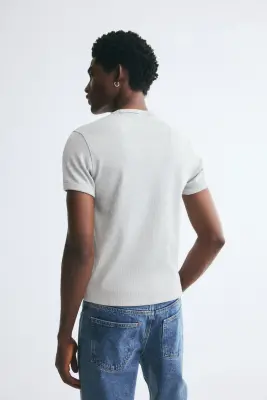 T-shirt côtelé Slim Fit - Gris clair chiné — photo 3