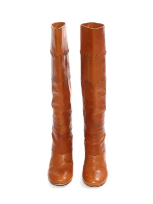 Bottes hautes à talon bois en patchwork de cuir camel tressé Prix boutique 1000€ Taille 36,5 — photo 3