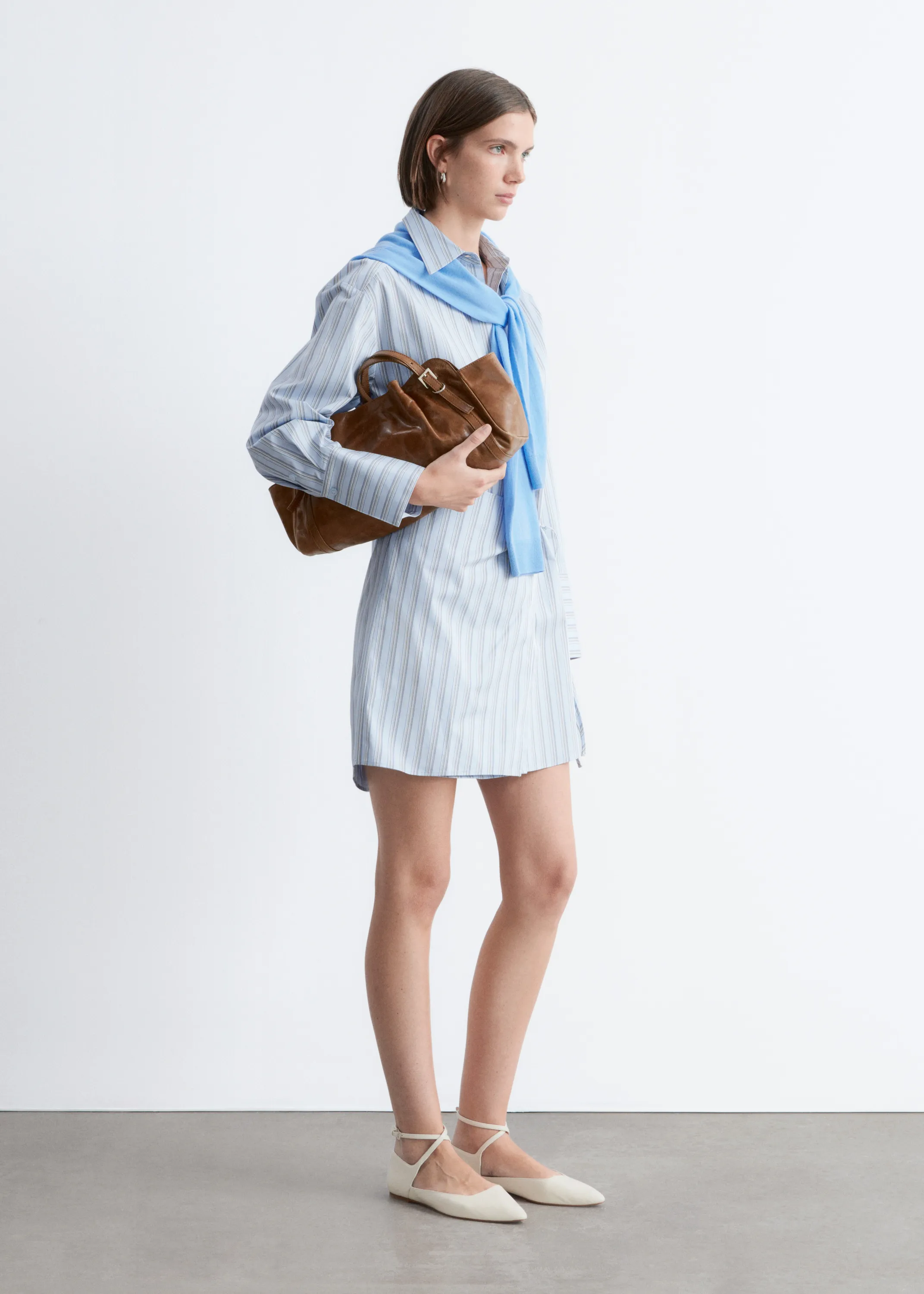 Robe-chemise portefeuille courte - Rayures fines bleues