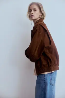 Veste en cuir velours - Marron — photo 3