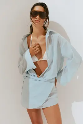 Longue chemise en coton - Turquoise clair/rayé — photo 2