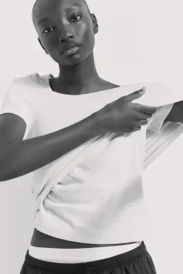 T-shirt en coton côtelé - Beige clair chiné — photo 2