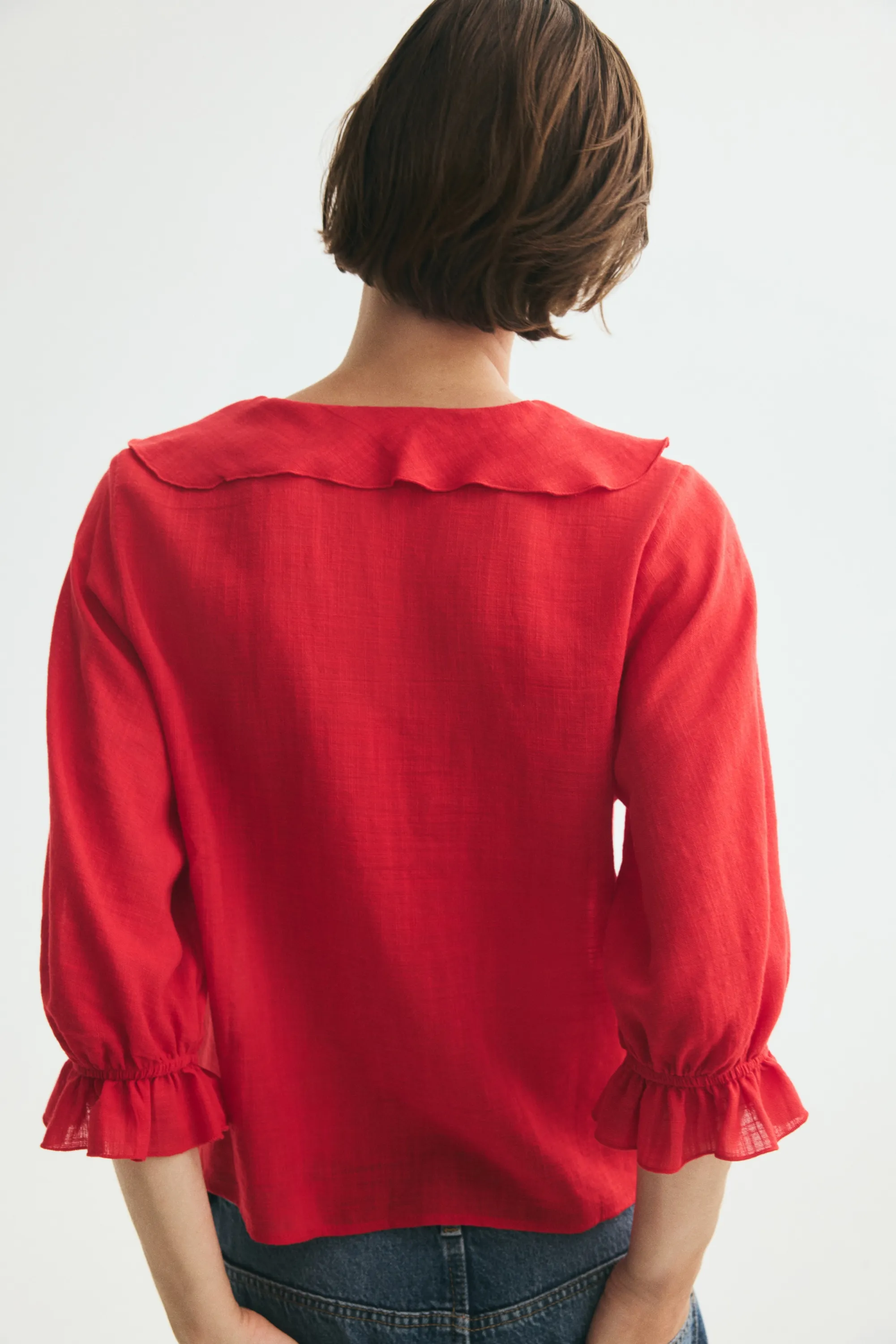 Blouse volantée en coton mélangé - Rouge