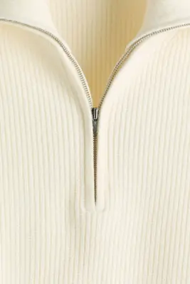 Pull à col zippé Relaxed Fit en maille côtelée - Crème — photo 4