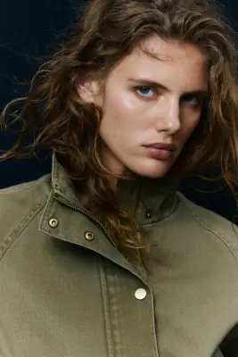 Veste en twill de coton avec ceinture - Vert kaki — photo 3