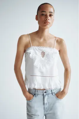 Top volanté à bretelles fines - Blanc — photo 1