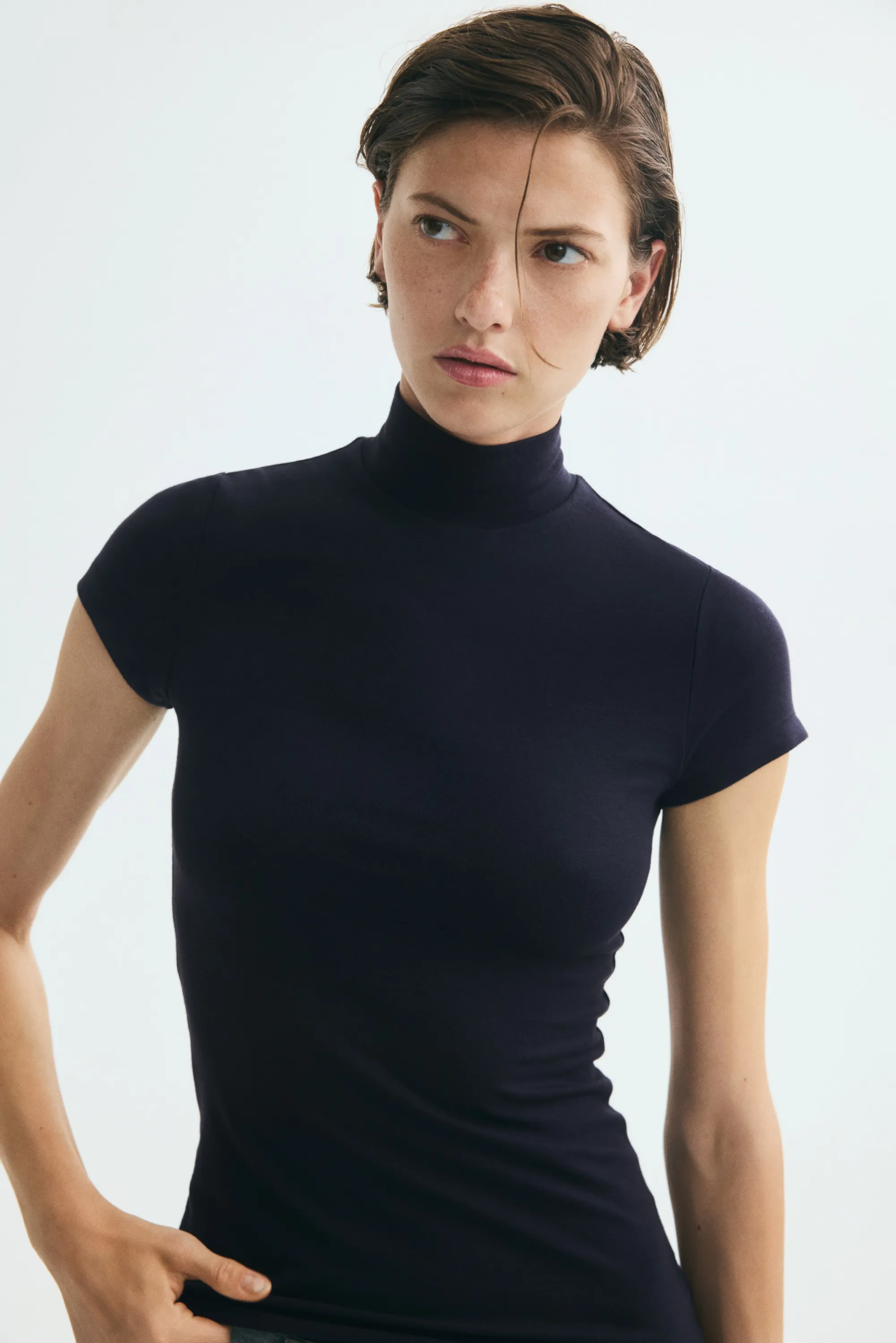 Top à col cheminée en viscose - Bleu marine