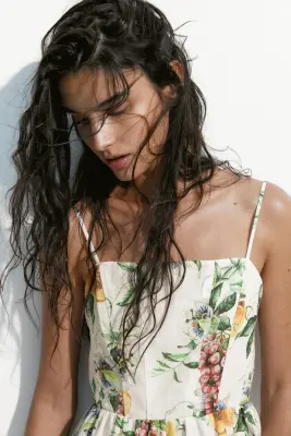 Robe midi à bretelles fines - Blanc/pêches — photo 1