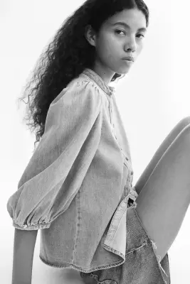 Blouse en denim avec manches bouffantes - Bleu denim — photo 2