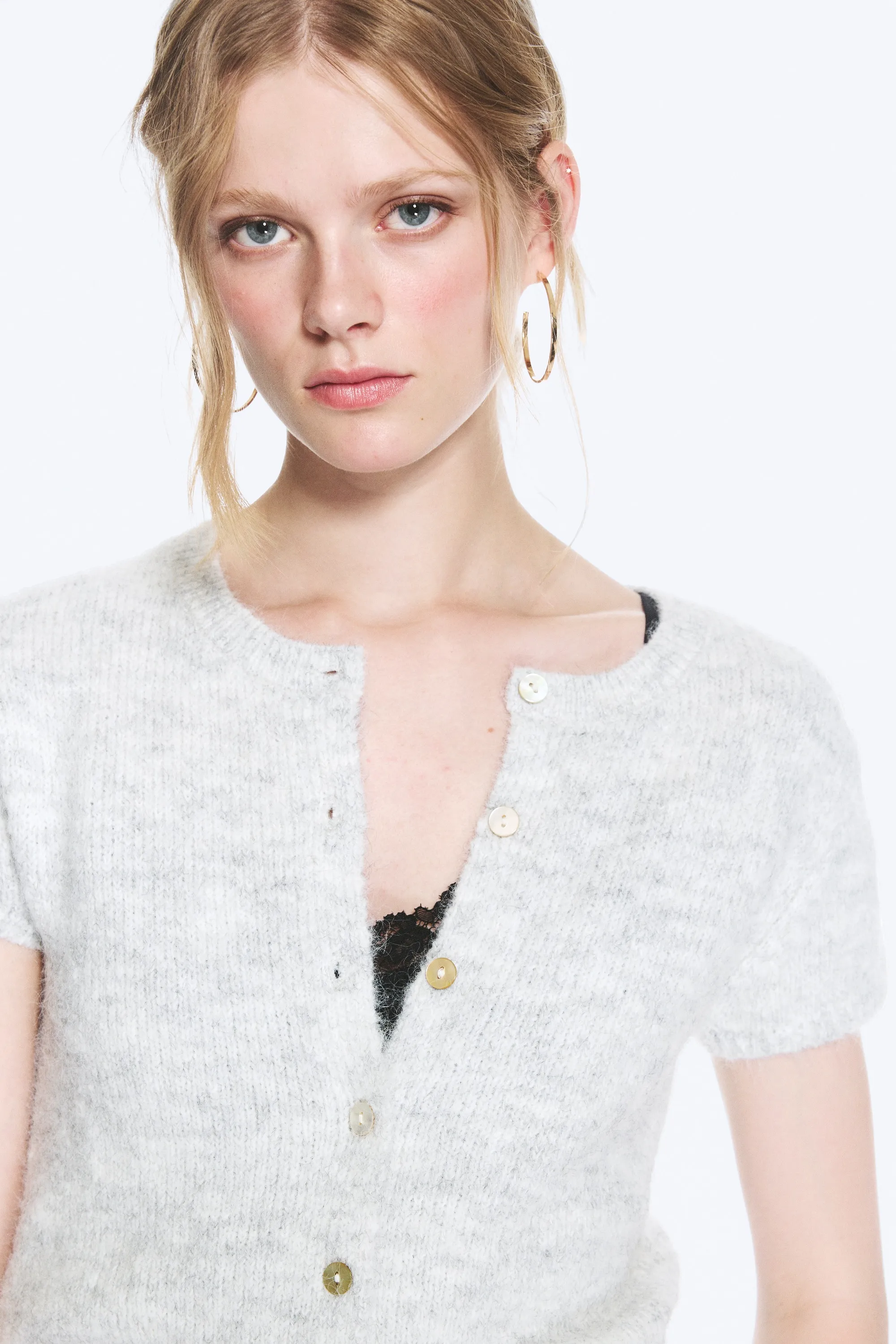 Cardigan en maille à manches courtes - Mélange gris clair poudré