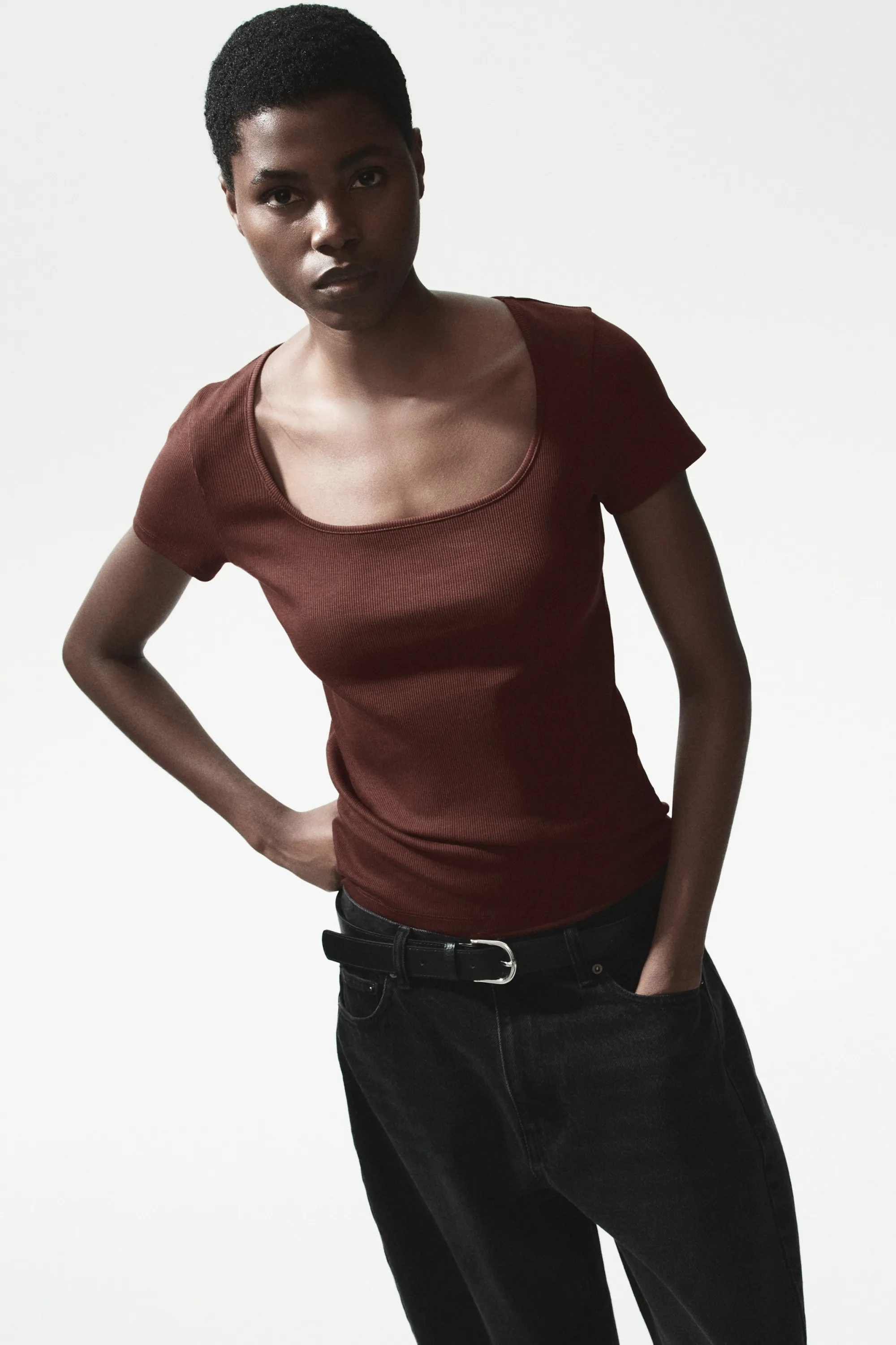T-shirt en coton côtelé - Marron foncé