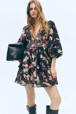 Robe en lin mélangé - Noir/fleuri — photo 2