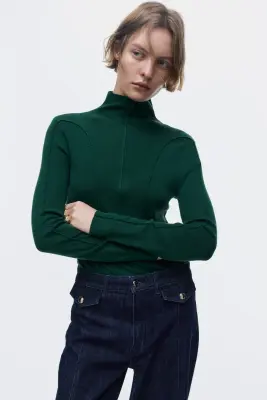 Top avec col cheminée zippé - Vert foncé — photo 2
