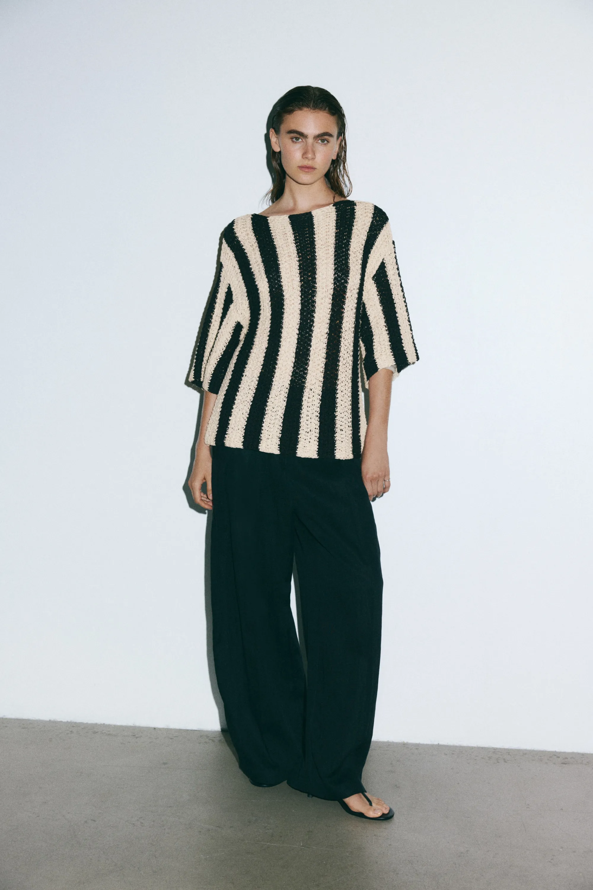 Top en maille avec encolure bateau - Crème/rayures noires