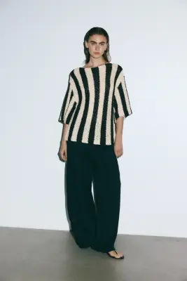 Top en maille avec encolure bateau - Crème/rayures noires — photo 1