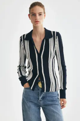 Gilet en maille côtelée avec col - Bleu marine/rayé — photo 2