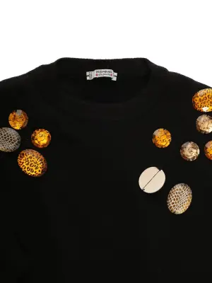 Pull col rond en laine d'agneau noire brodée de pierres cuivre et argent Prix boutique 1400€ Taille 36 — photo 3
