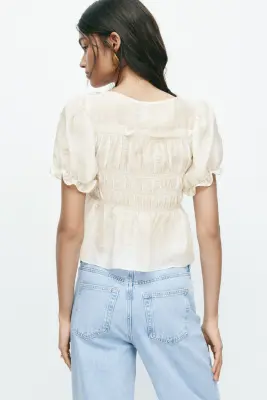 Blouse smockée - Crème — photo 3